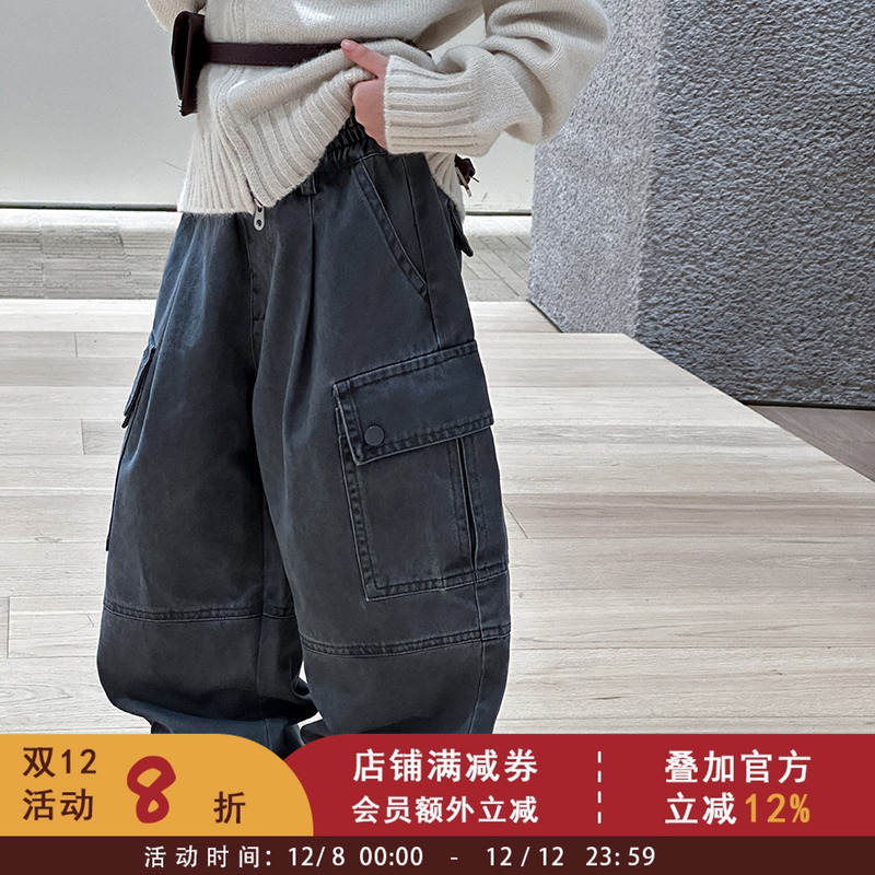 男女童中性风帅气时髦口袋水洗棉工装裤儿童秋装加厚保暖阔腿裤子