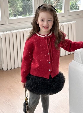 依依妈冬季女童甜美波点蝴蝶结绵羊绒针织开衫儿童保暖毛衣外套潮