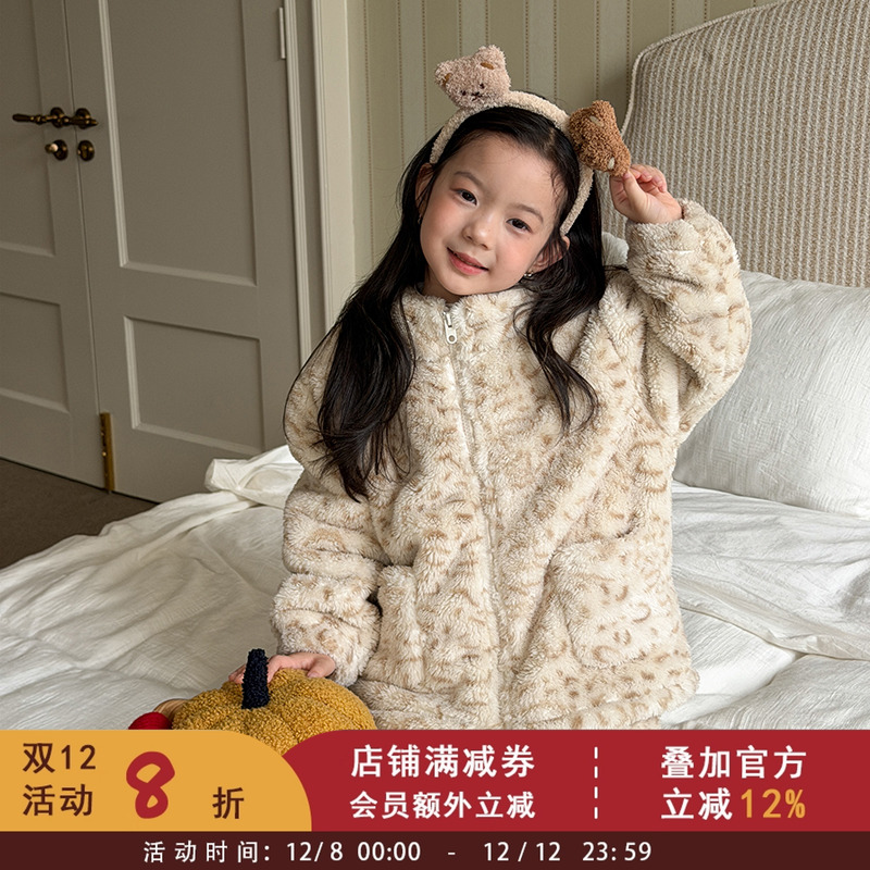 依依妈女童冬装加厚保暖珊瑚绒居家服儿童亲肤雪粒毛毛绒睡衣套装
