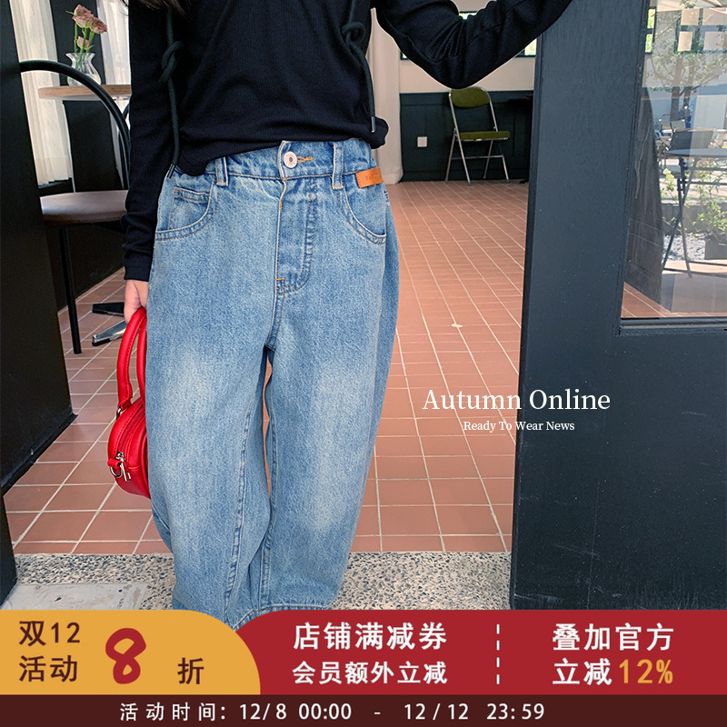 2025春秋新款儿童裤子女童复古做旧磨白休闲贴标老爹裤宝宝牛仔裤