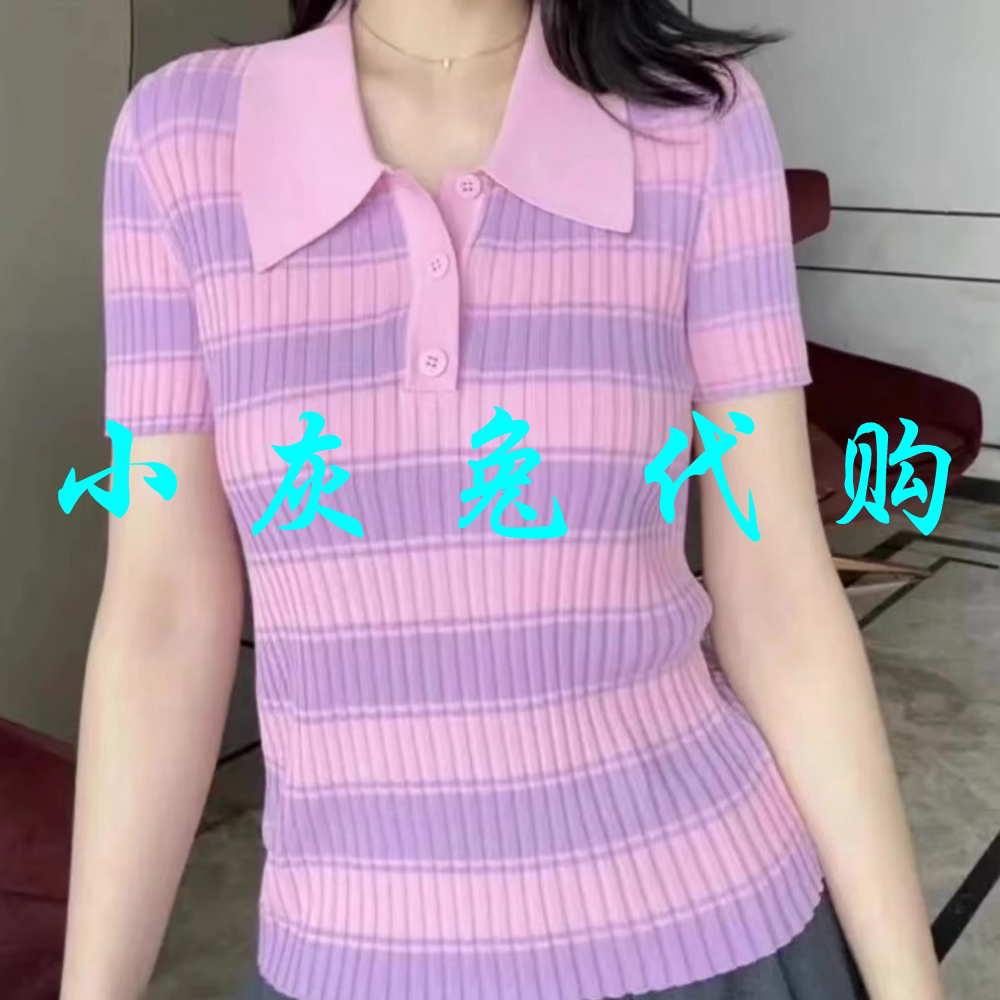 小灰兔代购2025夏新款领修身条纹针织衫短袖T恤女1399736