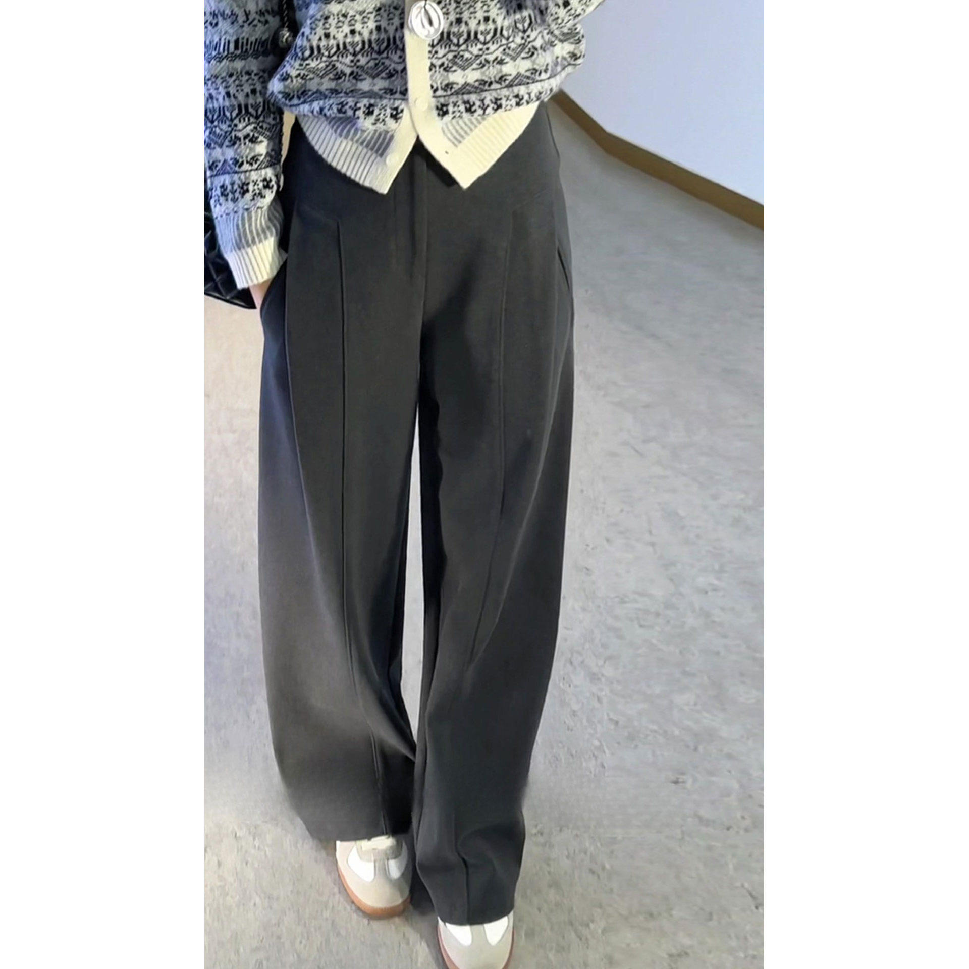 小灰兔代购2026新款高腰显瘦后松紧垂感阔腿裤毛呢休闲裤1102855