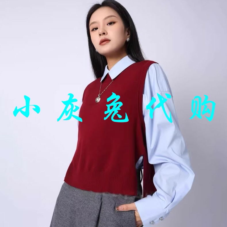 小灰兔代购2025春羊毛无袖圆领纯色叠穿开叉针织背心马甲1399701