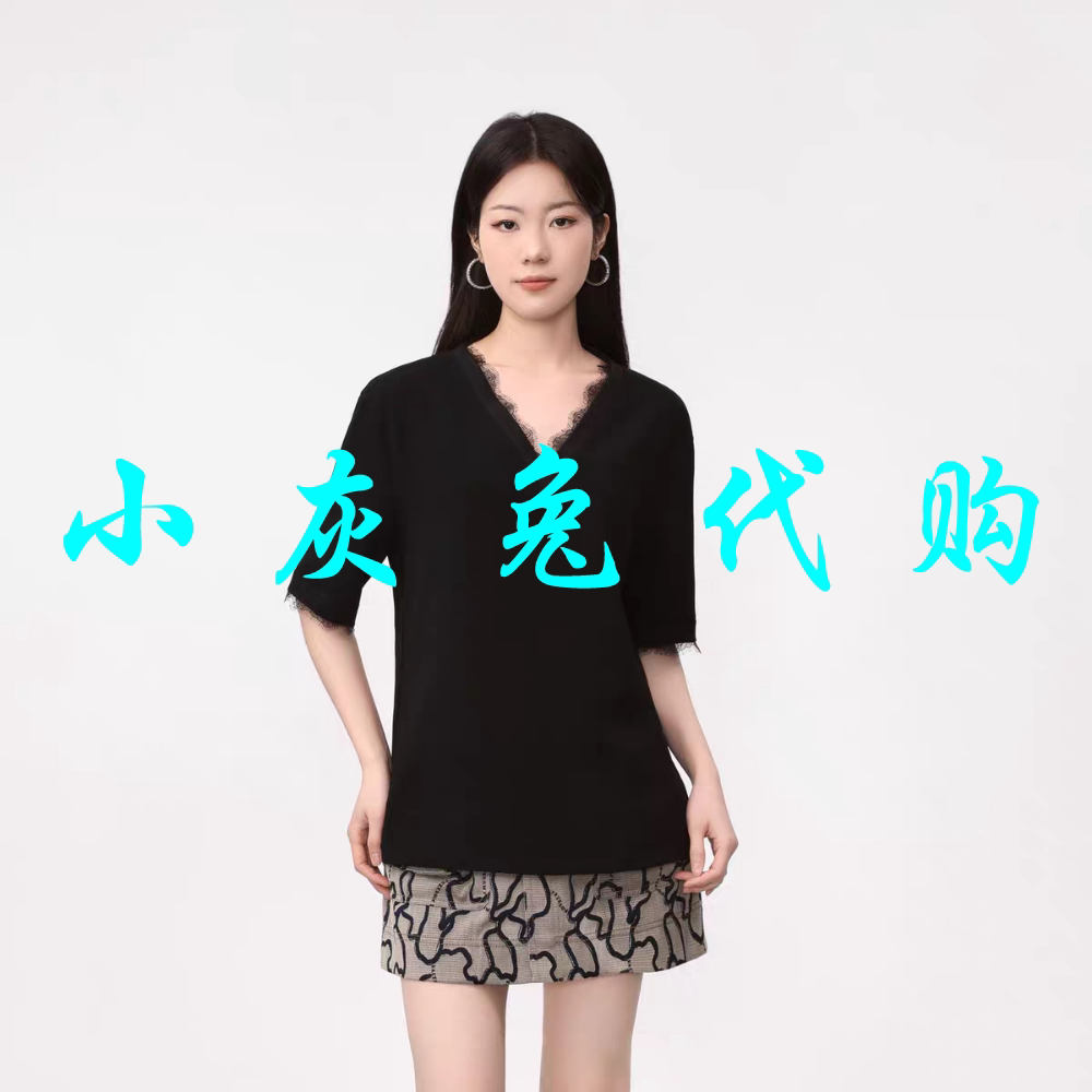 小灰兔代购2026夏新款V领蕾丝宽松拼接短袖T恤上衣530114-249111