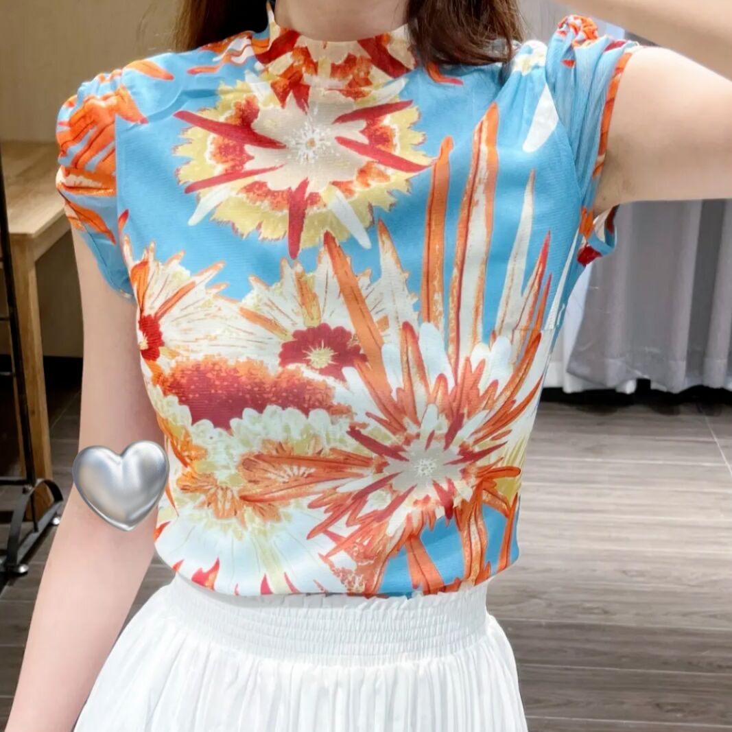 小灰兔正品代购2025夏新款小立领包袖印花短袖衬衫T恤女1300399
