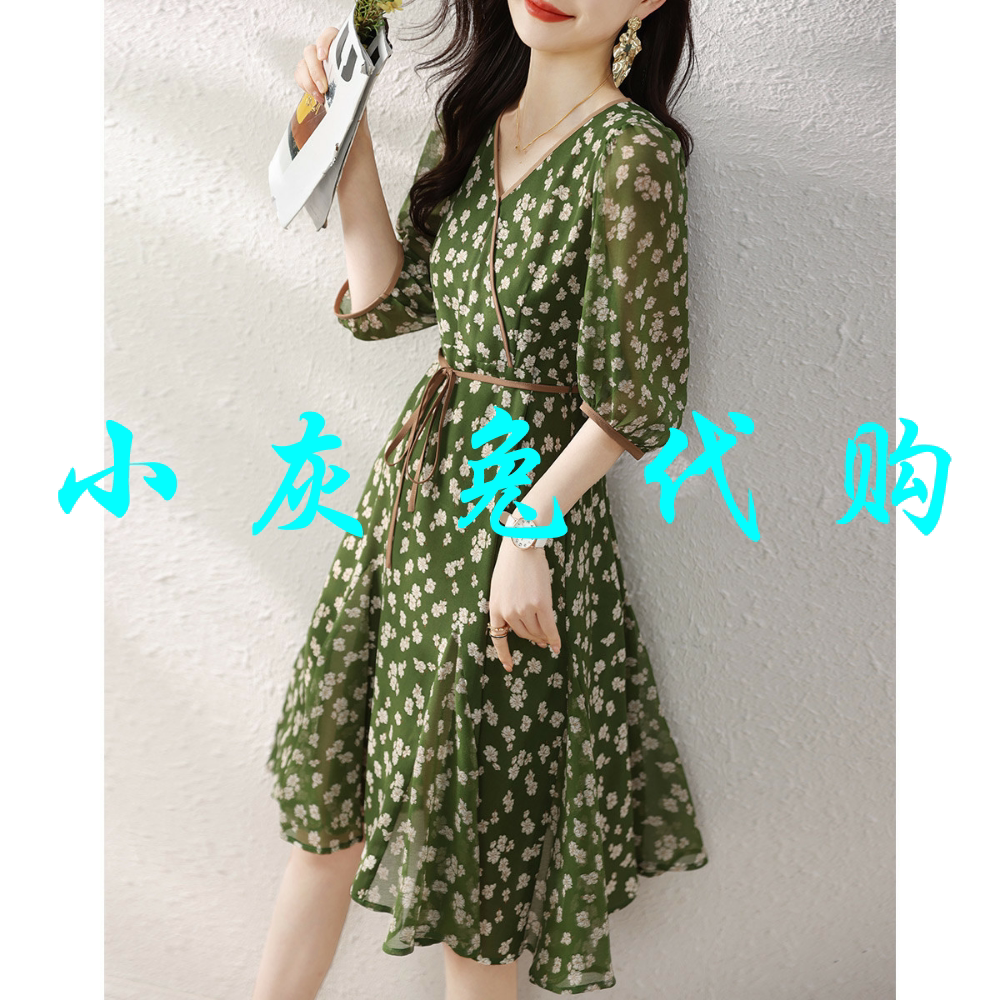 特卖款小灰兔简2025夏V领碎花雪纺收腰茶歇裙1505290