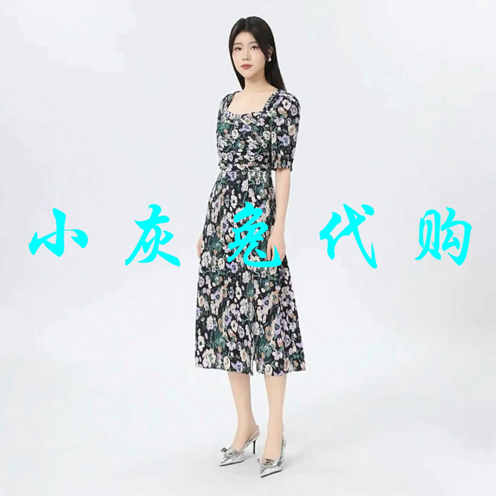小灰兔正品2025夏新款方领碎花开叉短袖连衣裙550046-2A82049