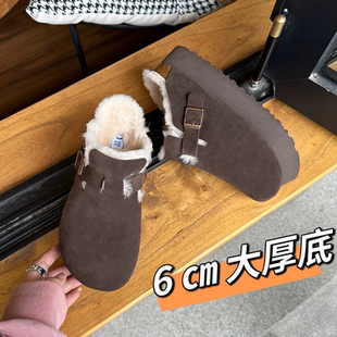 真皮勃肯鞋 女25年秋冬外穿羊毛雪地靴包头半拖 厚底加厚慵懒毛毛鞋