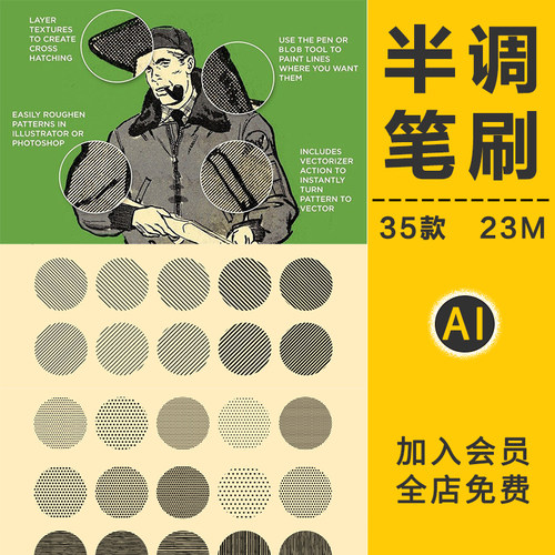 半色调点阵线条笔刷复古美式漫画噪点斑驳颗粒效果纹理AI矢量素材
