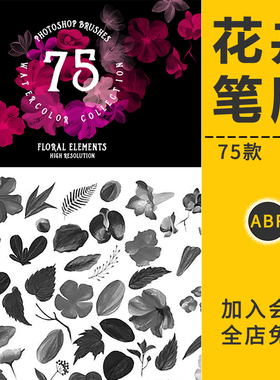 复古手绘花卉笔刷水彩植物绘画笔元素图案手账影楼装饰设计PS素材