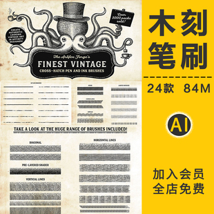 雕刻版画木刻铜板线条墨水画笔插画底纹肌理手绘画AI矢量笔刷素材