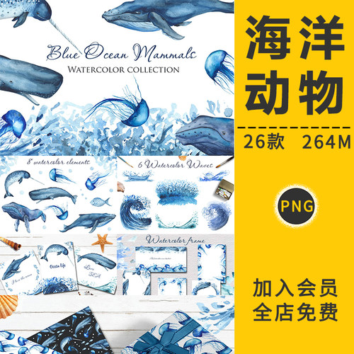 卡通手绘水彩海洋动生物植物海龟鲸鱼水母插画PNG免抠图PS元素材