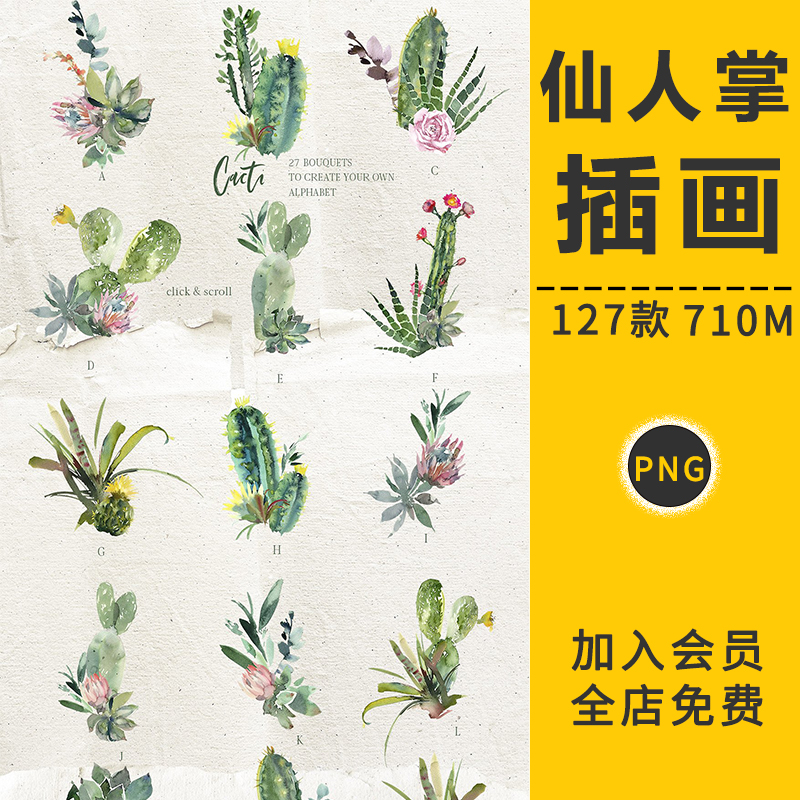 水彩手绘植物仙人掌插画花朵盆栽绿色小清新装饰画芯png免抠素材