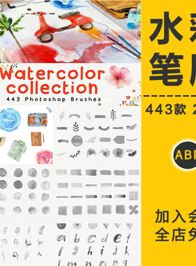 水彩笔刷手绘插画水墨淡彩晕染形状数字母植物花卉墨迹PS设计素材