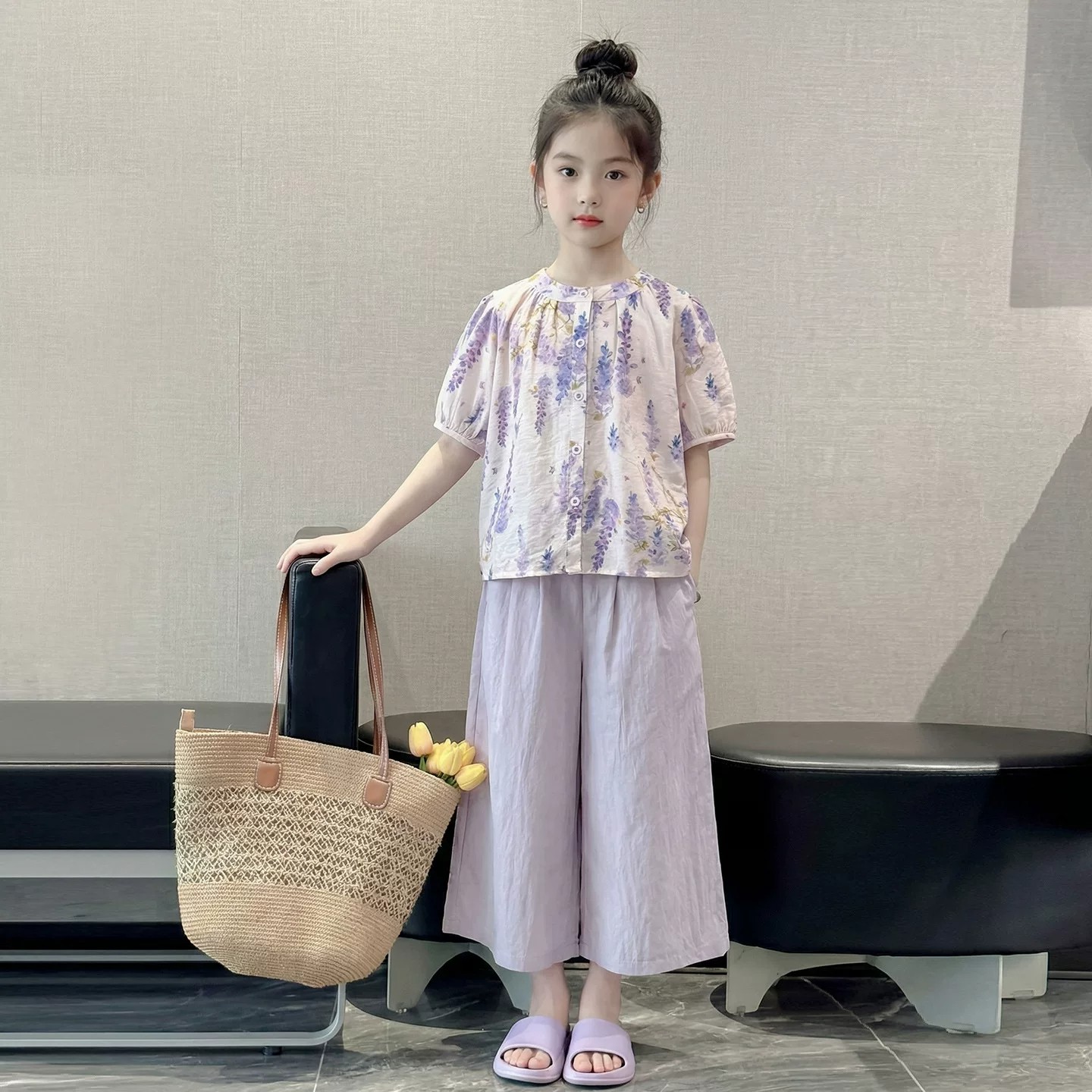 女童夏季薄款短袖阔腿裤两件套