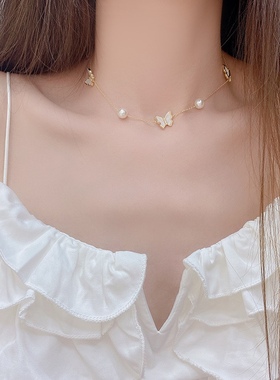 XYDZ 韩国东大门亚克力蝴蝶温柔珍珠可调节日常新蝴蝶项链锁骨链