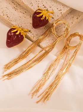 SMT 925银针红色琉璃草莓个性耳钉ins超仙小众设计感长款耳环耳饰