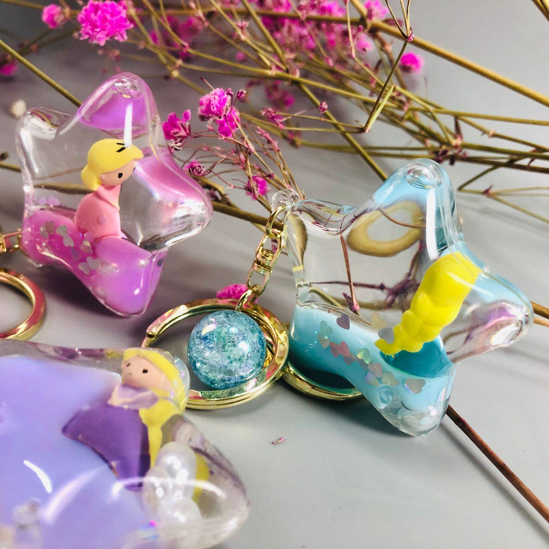 创意亚克力入油液体流沙钥匙扣五角星公主漂浮汽车钥匙链包挂件