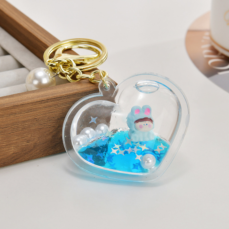 亚克力入油瓶流沙爱心钥匙扣可爱公仔汽车钥匙链配饰学生包包挂件