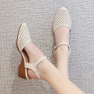 真皮包头凉鞋女旗袍鞋子舒适镂空软底防滑复古夏季配裙子坡跟女鞋