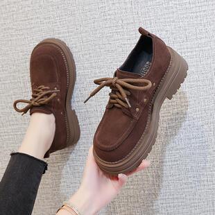 内增高深口女鞋2025春款勃肯鞋真皮厚底系带休闲鞋英伦牛津乐福鞋