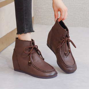 复古手工真皮平底短靴女休闲棉靴加绒牛皮软底小个子内增高女靴子