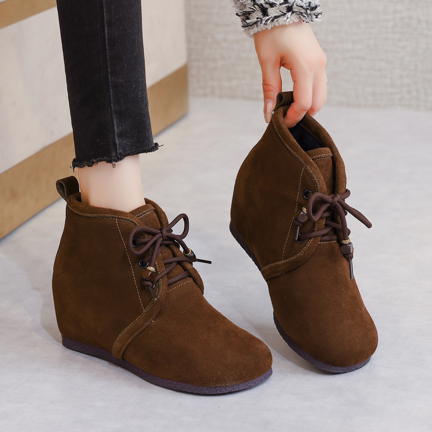 内增高棉鞋子2025秋冬新款加绒保暖软底勃肯短靴磨砂真皮雪地靴女