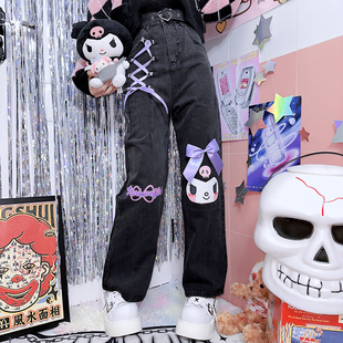 自制设计饭粒家日系原宿丝带卡通休闲个性蝴蝶结可爱牛仔长裤九分