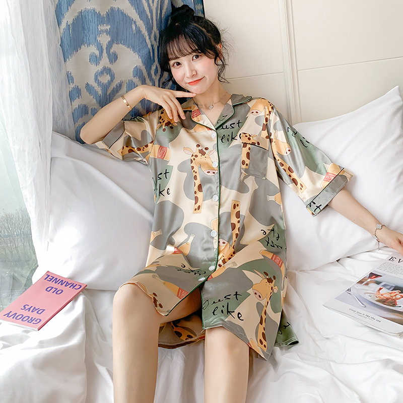 AI Shang's new summer ice silk medium sleeve nightdress sweet cardigan skirt thin breathable comfortable pajamas