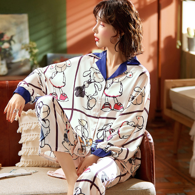 AI Shang's real ice silk pajamas women's spring and autumn long sleeve new leisure large size can wear suit home clothes