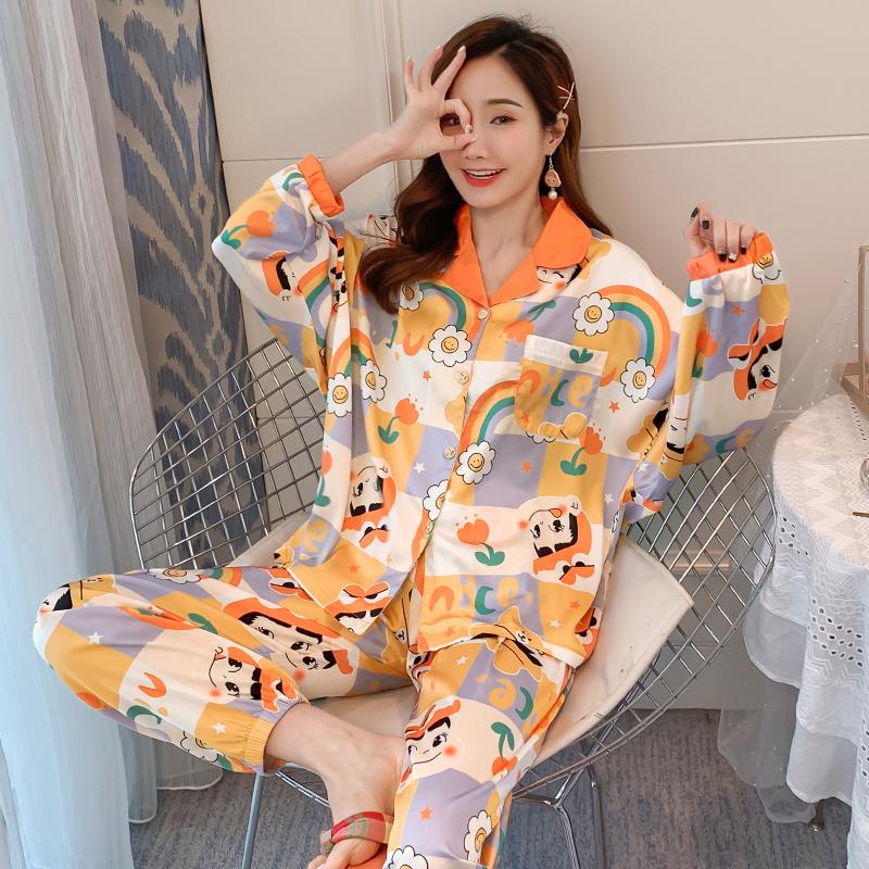 AI Shang's real spring and summer pajamas ice silk long sleeve suit student sexy little silk home clothes