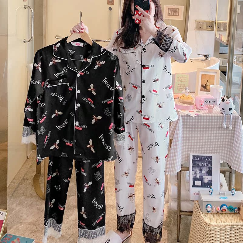 AI Shang's real photos of long sleeve pajamas in spring and autumn women's wall cotton trousers two piece suit women's home clothes