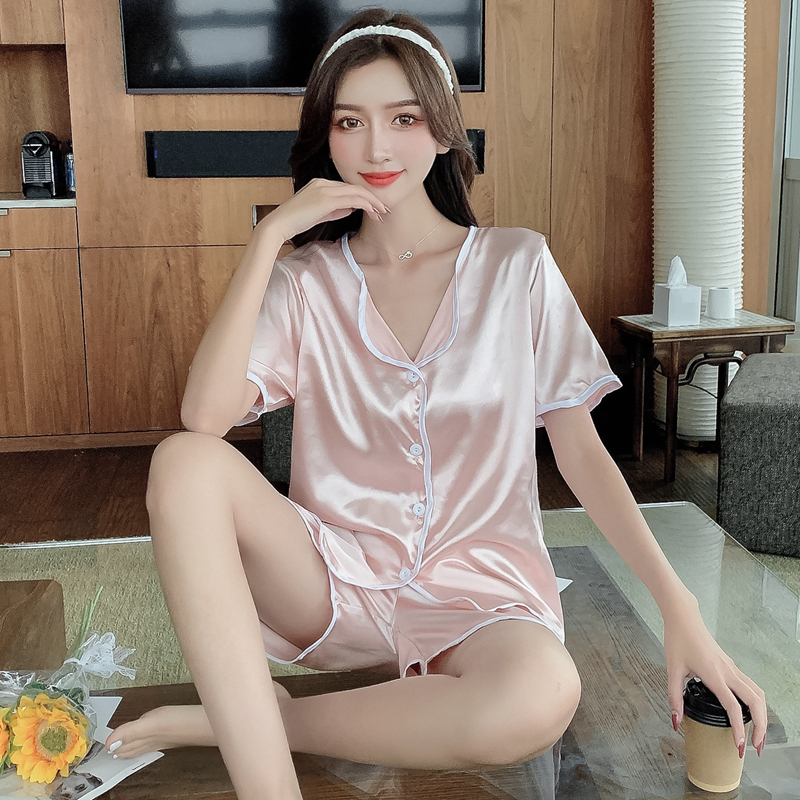 實拍雙短粉色開衫夏款短袖短褲開衫冰絲寬鬆家居服女士