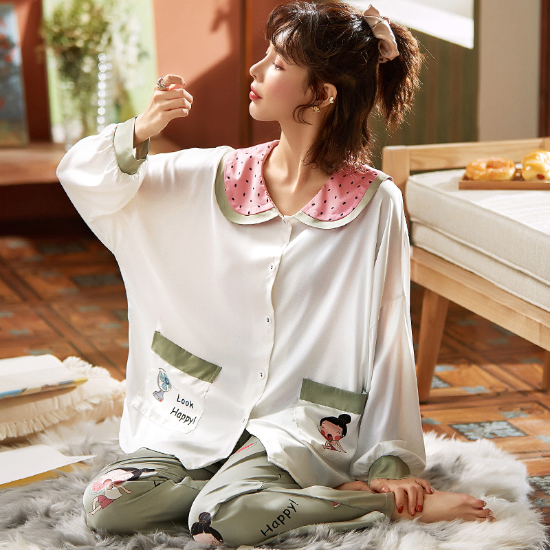 AI Shang's real ice silk pajamas women's spring and autumn long sleeve new leisure large size can wear suit home clothes