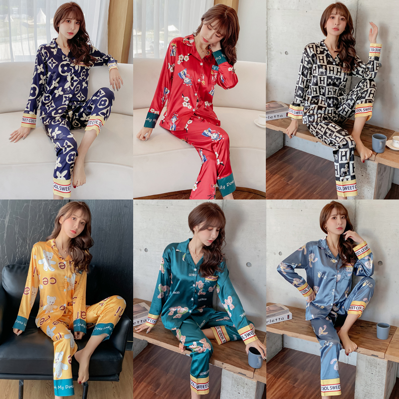 AI Shang's real pajamas women's spring long sleeve ice silk household clothes silky student two piece suit cardigan