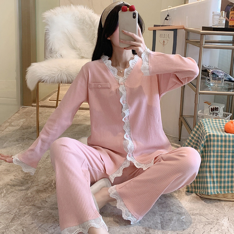 AI Shang's new spring long sleeve cardigan knitted cotton pajamas women's suit