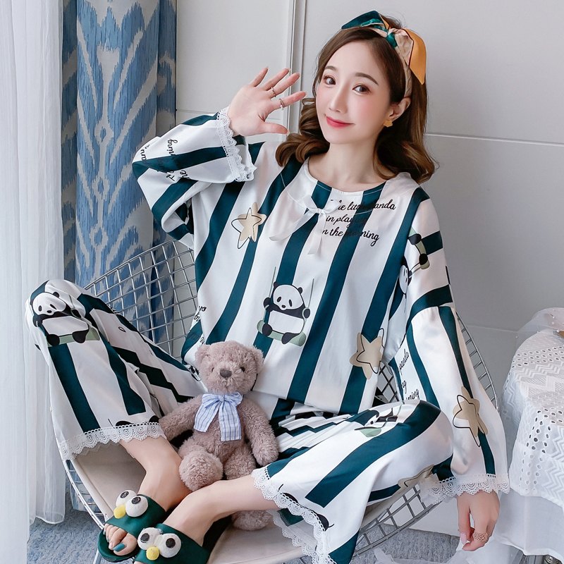 Aishan spring silk like pajamas women's long sleeve Korean loose women's lace home clothes ice silk suit