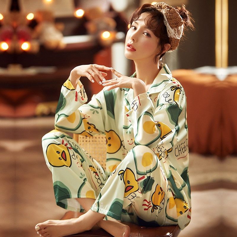 AI Shang's real ice silk pajamas women's spring and autumn long sleeve new leisure large size can wear suit home clothes