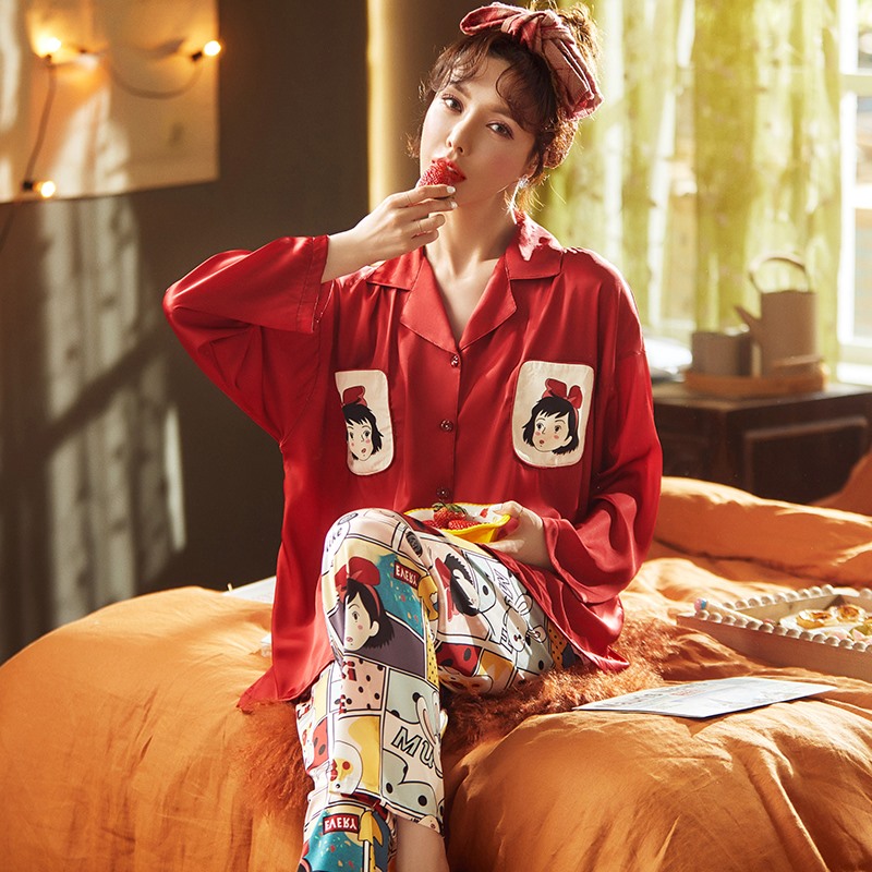 AI Shang's real ice silk pajamas women's spring and autumn long sleeve new leisure large size can wear suit home clothes