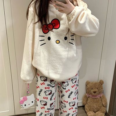 卡通HelloKitty珊瑚绒睡衣女款秋冬季长袖长裤加厚保暖家居服套装