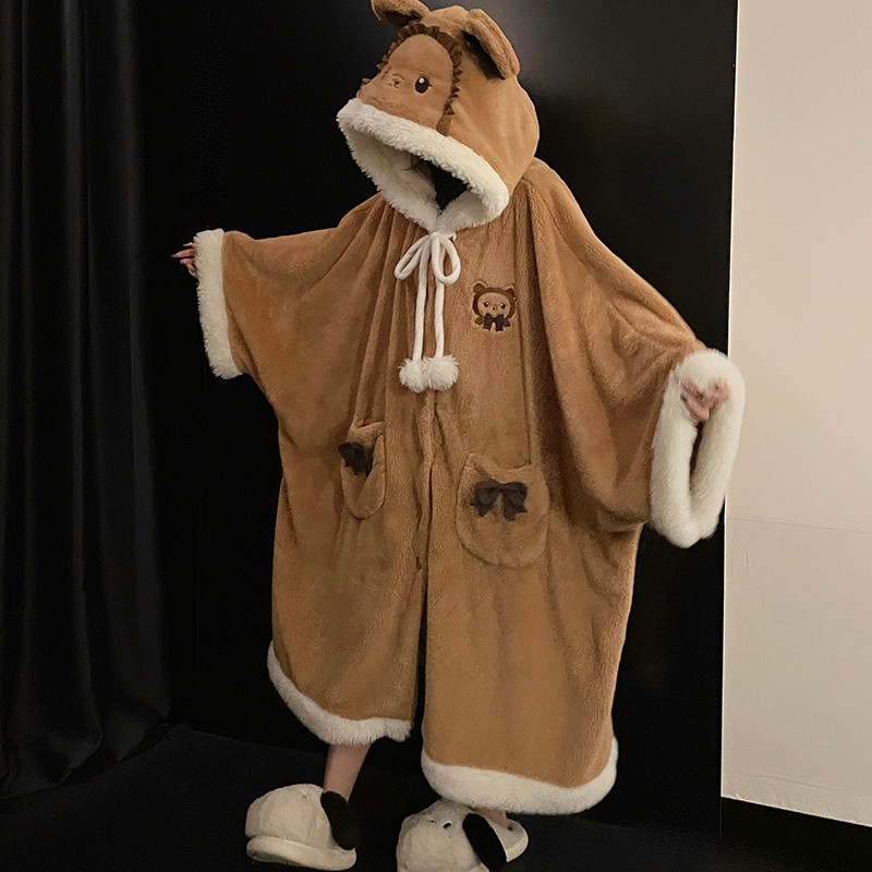 2025新款连帽斗篷女睡袍秋冬季珊瑚绒加厚加绒睡裙睡衣家居服冬天