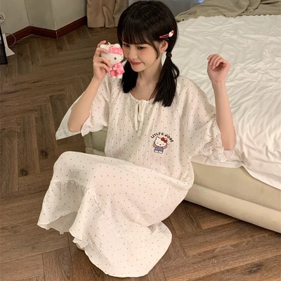 HelloKitty睡裙女款夏季纯棉短袖棉纱ins风凯蒂猫夏天睡衣家居服