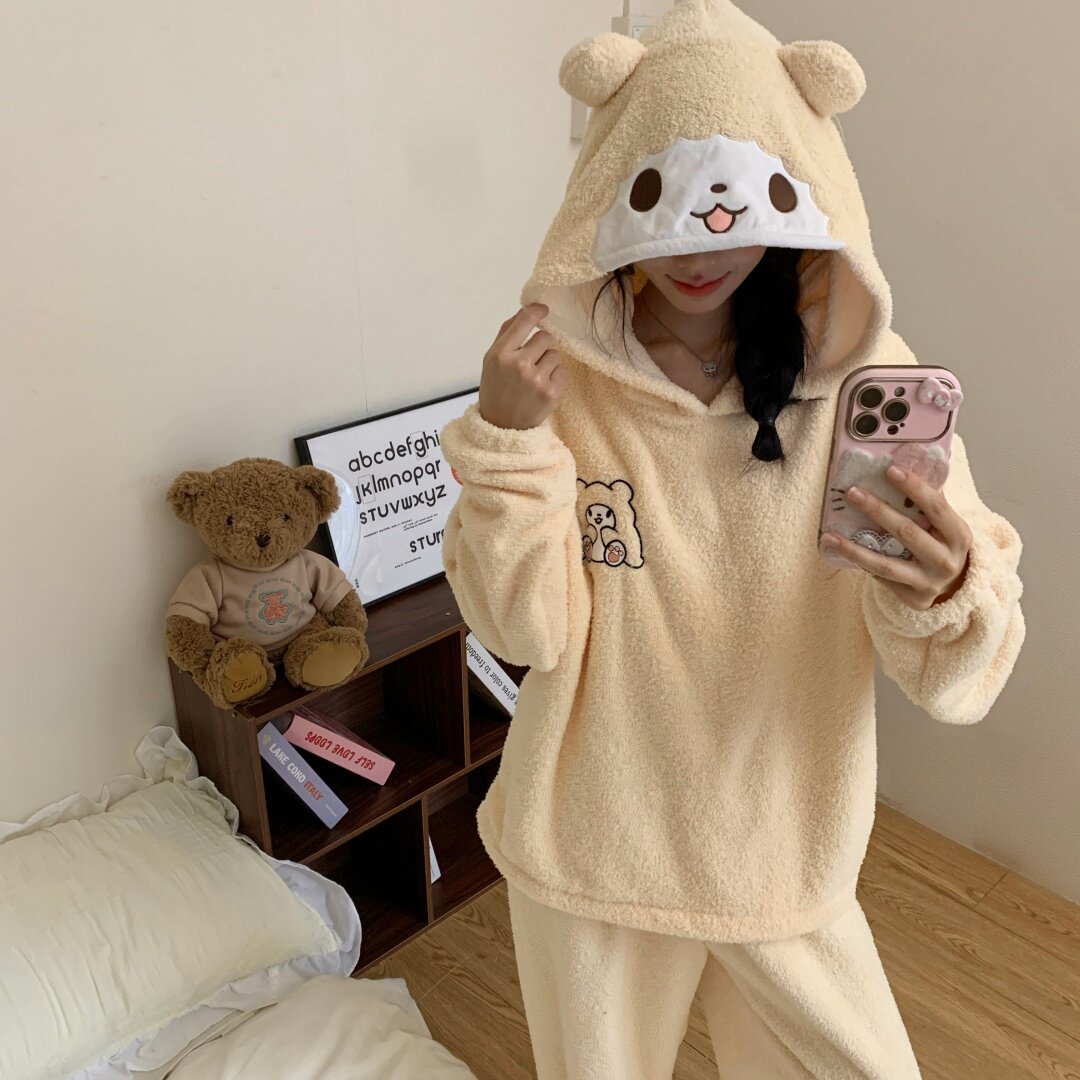 韩版卡通毛毯熊连帽睡衣女秋冬季半边绒加厚加绒保暖珊瑚绒家居服