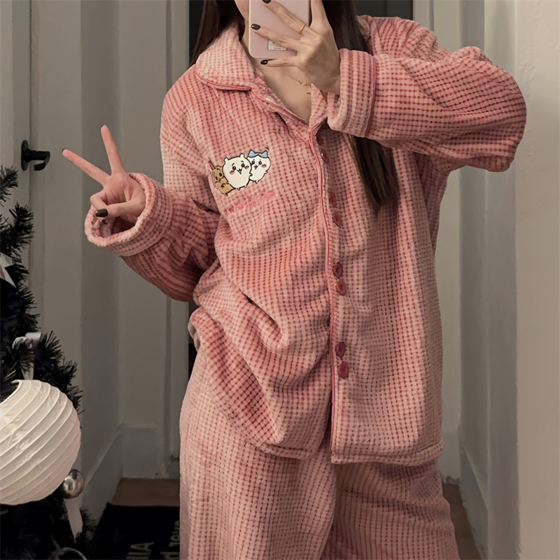 chiikawa睡衣女秋冬季珊瑚绒小八加厚保暖可爱格子卡通家居乌萨奇