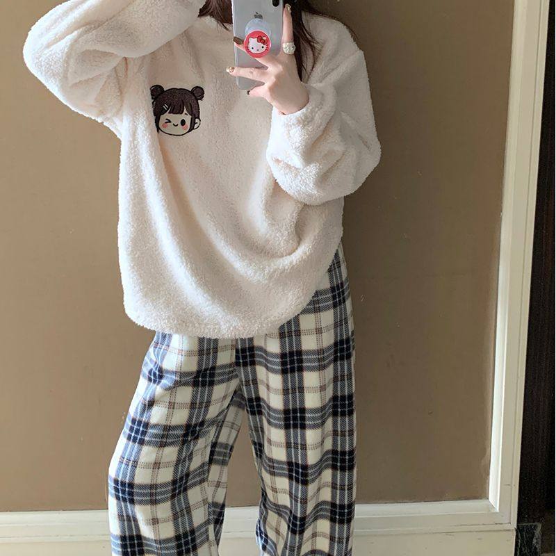 日系卡通可爱珊瑚绒睡衣女秋冬季加厚保暖法兰绒格子家居服套装