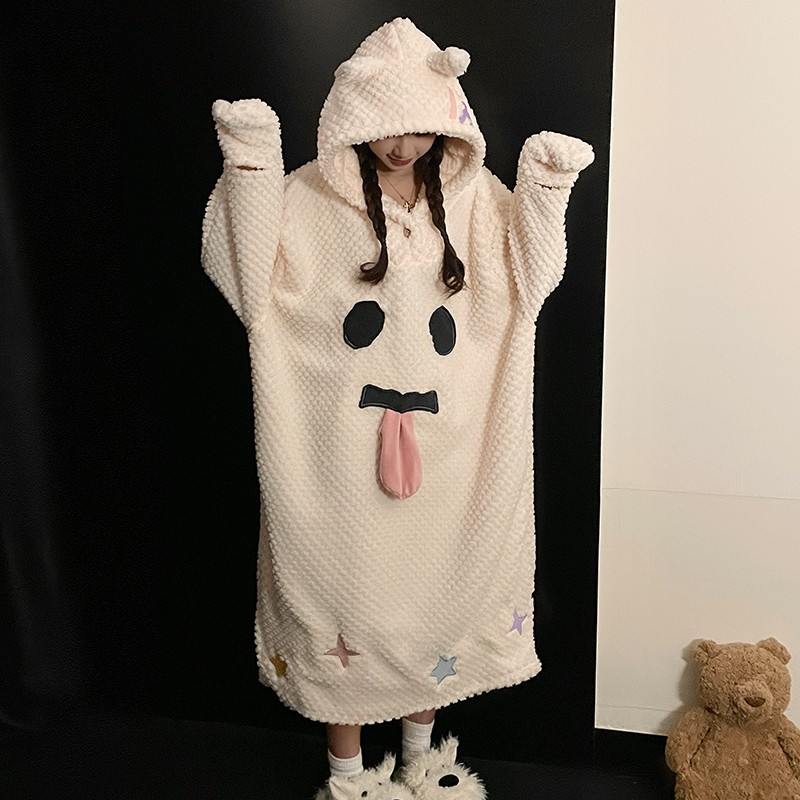 可爱搞怪幽灵睡裙女冬季珊瑚绒加厚加绒连帽中长款宽松保暖家居服