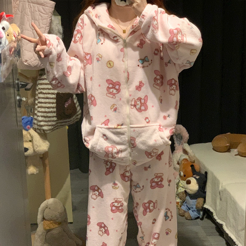 可爱美乐蒂连帽少女睡衣冬季法兰绒加绒加厚保暖珊瑚绒家居服套装