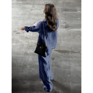 大码 休闲套装 女宽松长袖 2026年夏季 阔腿裤 时尚 蓝色衬衫 两件套 新款