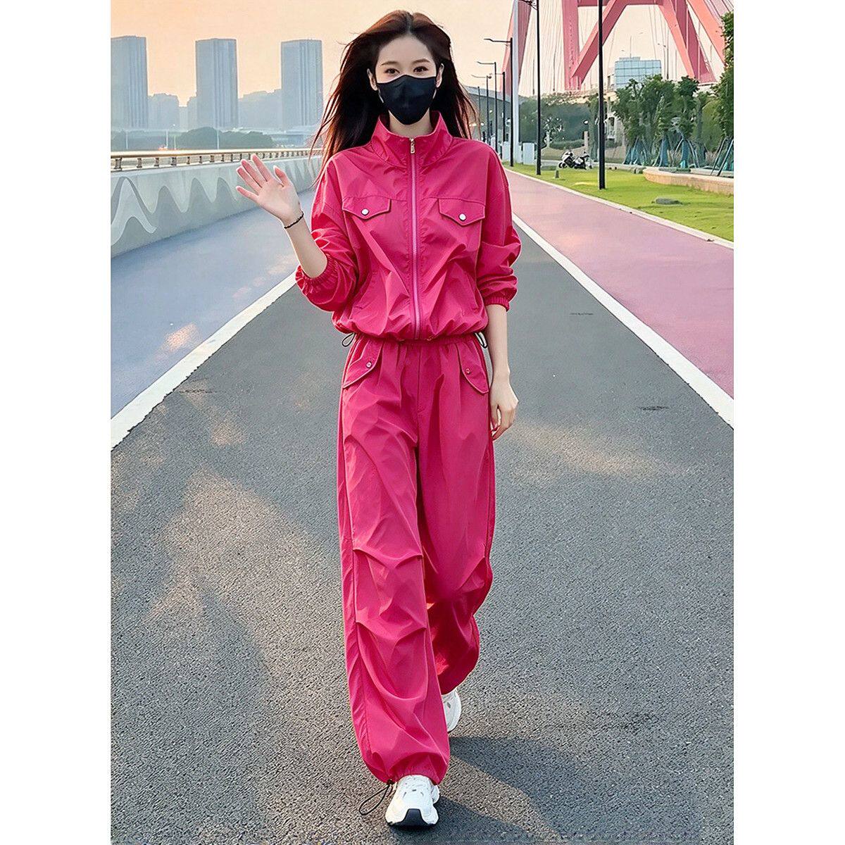 玫红色休闲运动套装女跑步健身速干防晒外套束脚裤春装搭配一整套