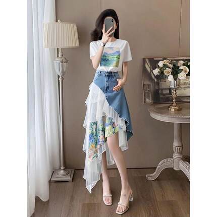 奥莱折扣店专柜女装清仓2026时尚炸街小香风印花T恤半身裙两件套